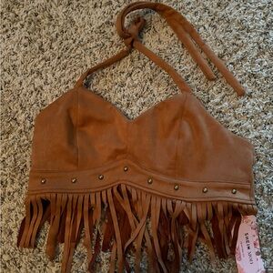 SHEIN Tan Fringe Halter Top